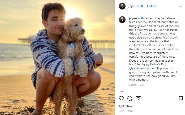 Jaymes Vaughan posting about his husband, Jonathan Bennett, and their dog.